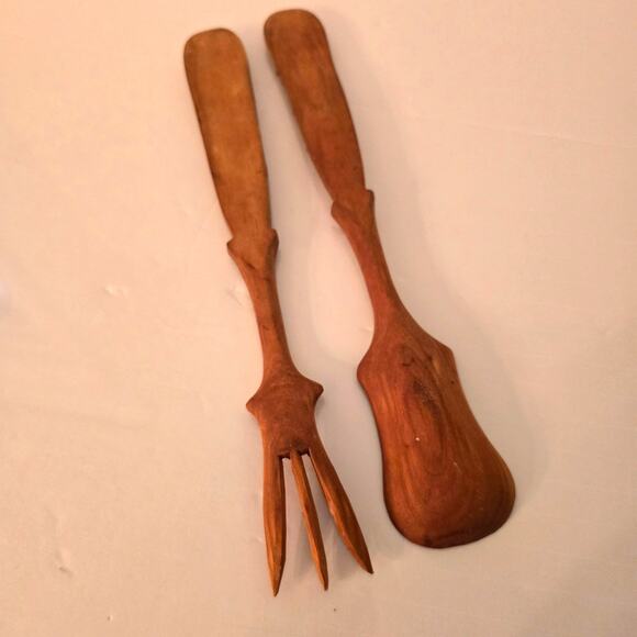 Vintage Carved Wooden Salad Spoon Fork Servers Floral Leaves 11.5in 70s 80s - Picture 2 of 9